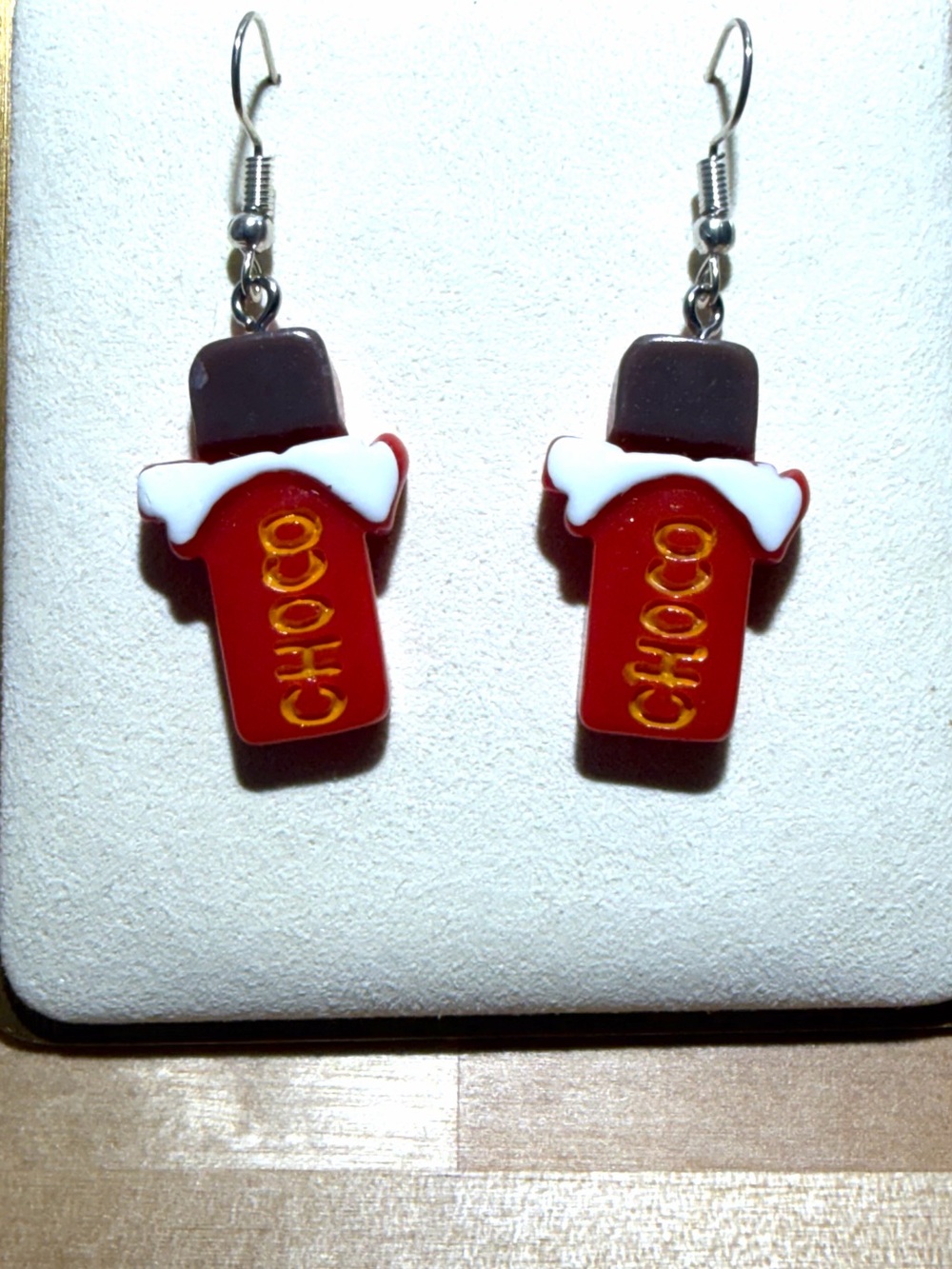 Chocolate Bar Novelty Dangle Earrings - Red & Brown
